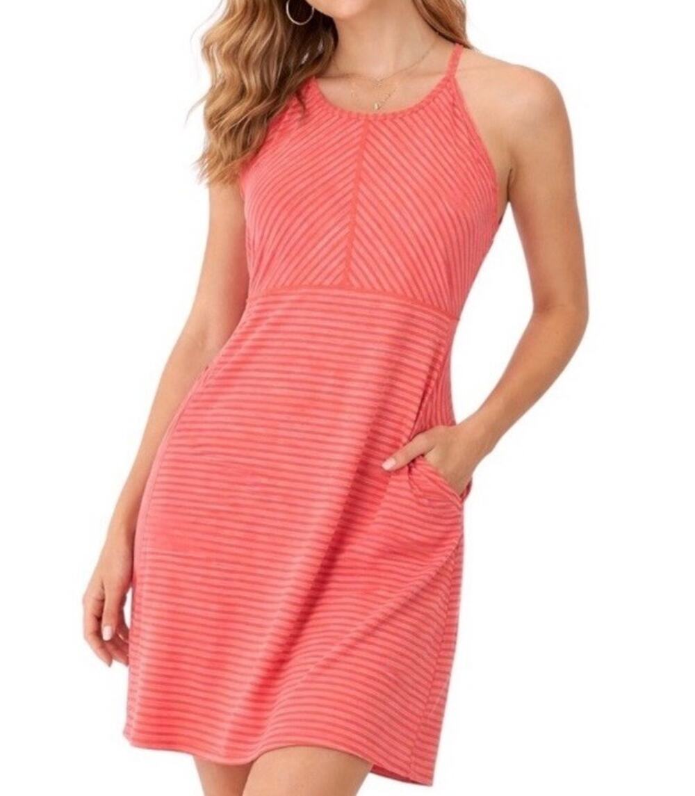 Title Nine Tennis Dress Racerback Coral Striped Size Medium Active Built In Bra